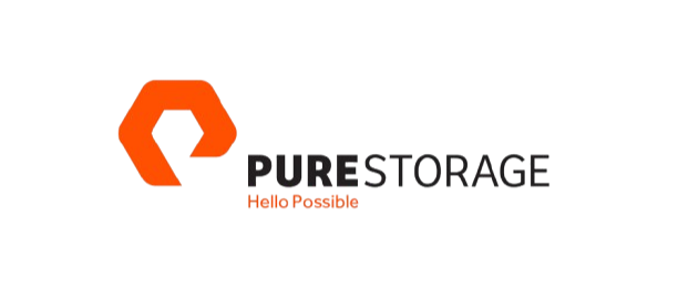 Pure Storage Logo The Pure Storage logo featuring an orange hexagonal design element alongside the text "Pure Storage" in bold black font, with the tagline "Hello Possible" in smaller orange text below.